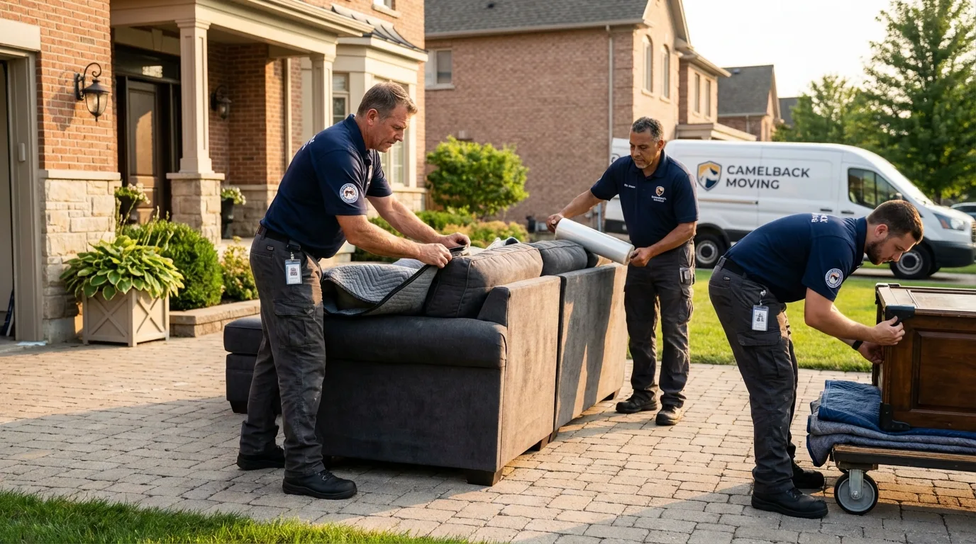 Large estate moving crew wrapping furniture in Oakes, ND