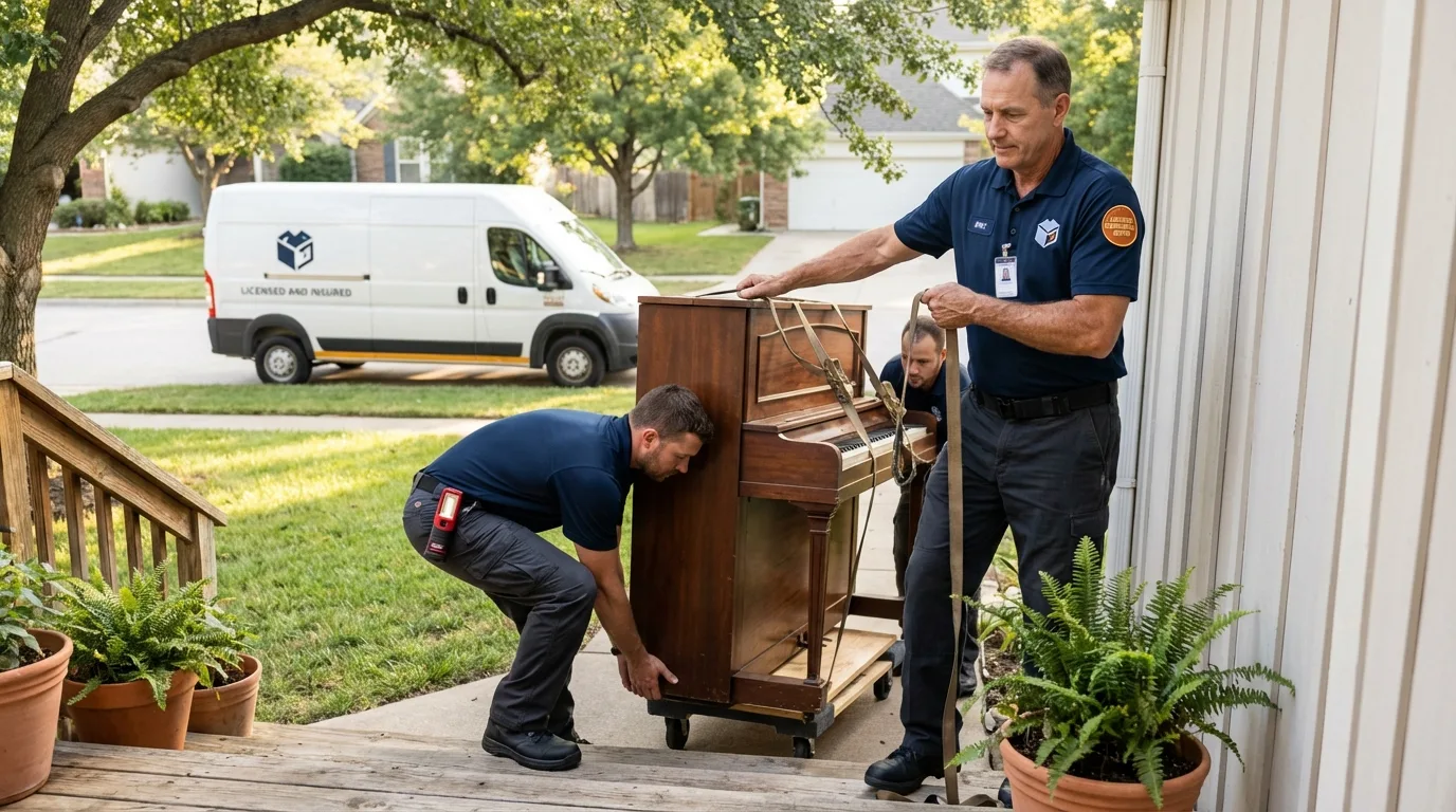 Licensed piano movers securing grand piano in Oakes, ND