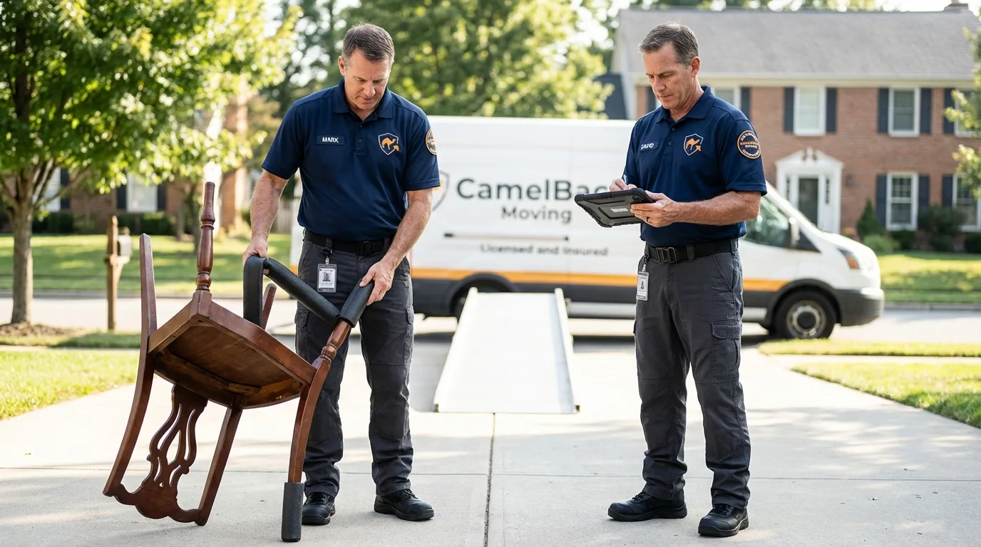 Movers inspecting furniture for damage prevention before loading in Oakes, ND