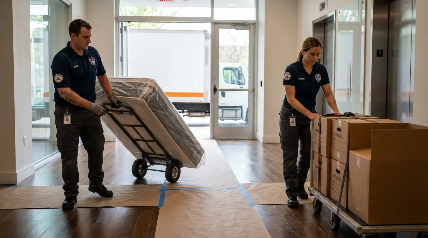 Professional apartment movers loading elevator in Oakes, ND