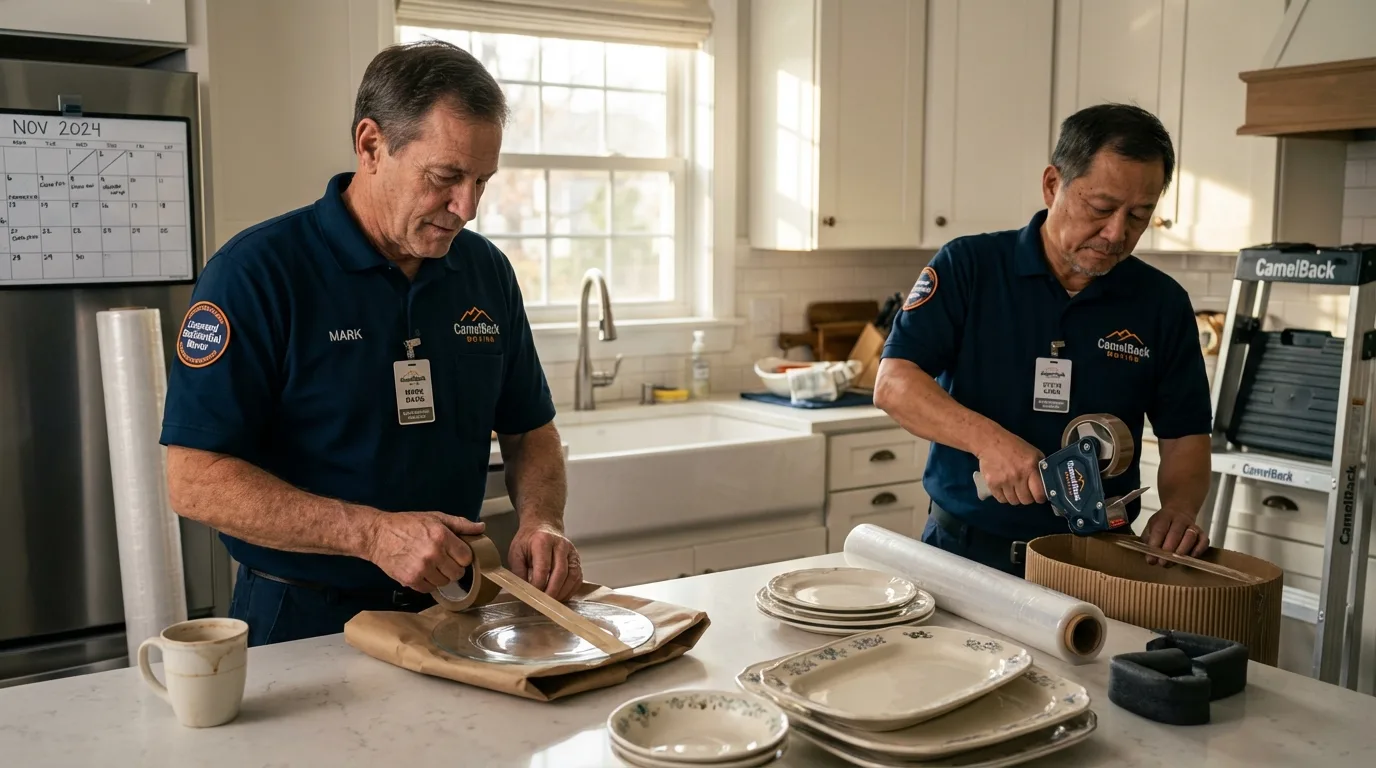 Professional crew packing kitchen dishware in Oakes, ND